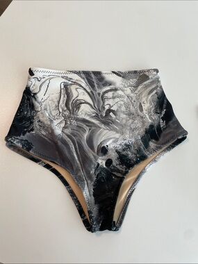 High-Waist Black & White Marble Bikini Bottom - Women's Swim